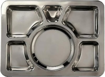 Picture of Acense 6 Compartment Stainless Steel Large Plate (Thali), Food Grade Material, Multi-Purpose, BPA/Toxin-Free, Dimensions: 40cmx30cmx2cm Silver