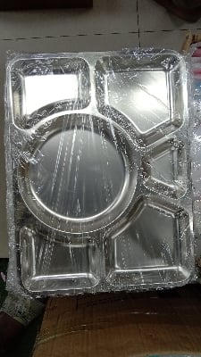 Picture of Acense 6 Compartment Stainless Steel Large Plate (Thali), Food Grade Material, Multi-Purpose, BPA/Toxin-Free, Dimensions: 40cmx30cmx2cm Silver