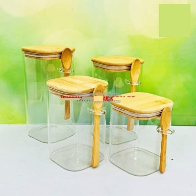 Picture of 4 Pcs Airtight Glass Cookie Jar OR Spice Jar Set with Spoon Multicolor