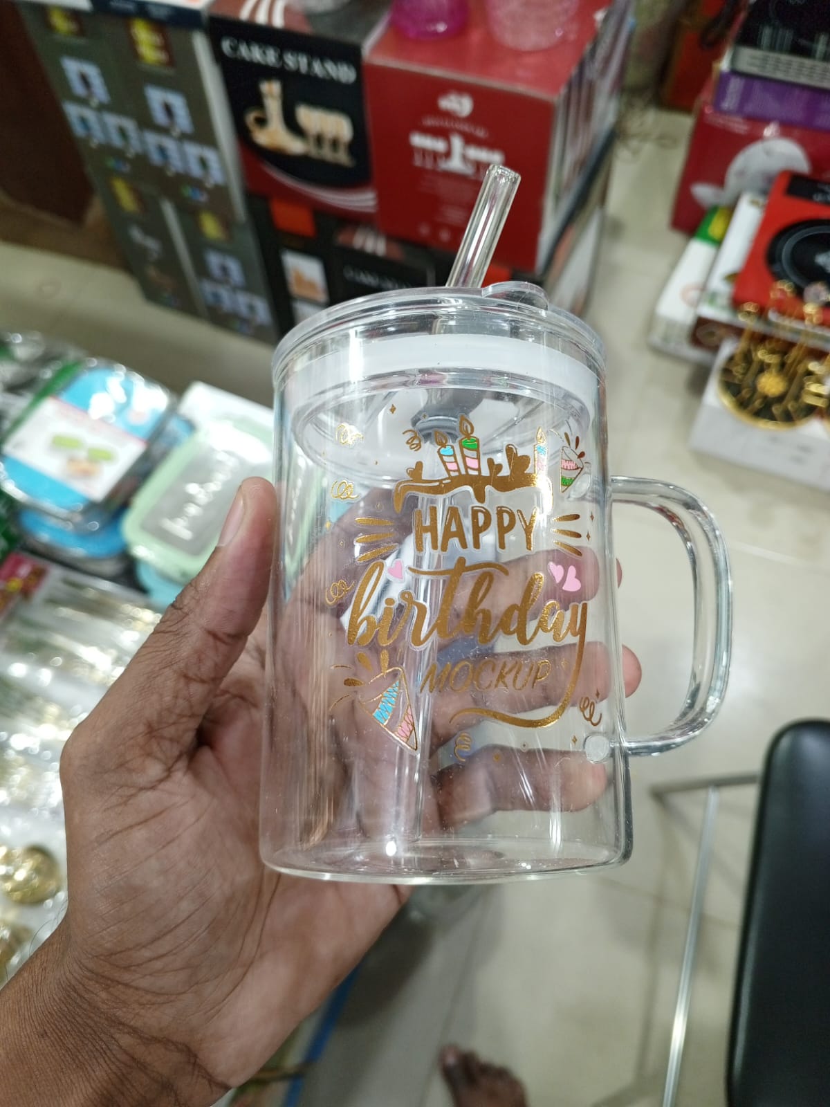 Picture of 1 Happy Birthday Premium Jar Mug- Elegant Glass Container for Storage, Preservation and Decor, Airtight Lid, Versatile and Stylish Jar, Milkshake, Coffee & Juice Jar with Straw Multicolor