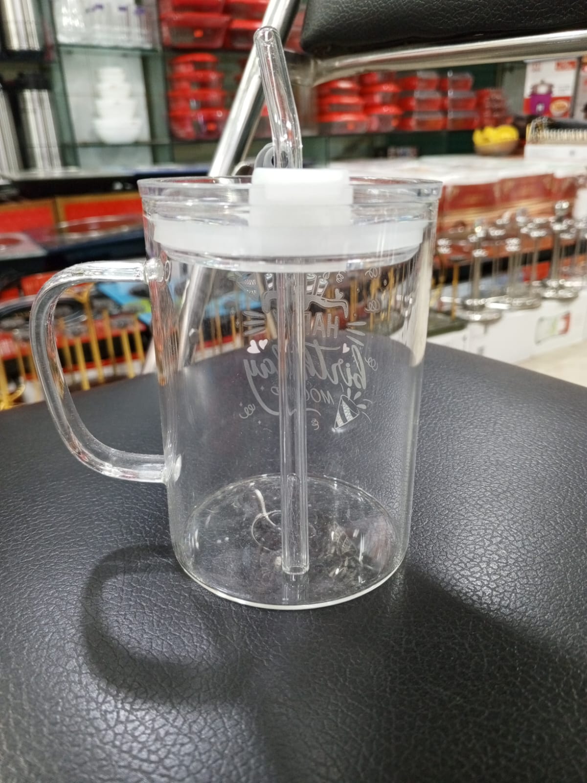 Picture of 1 Happy Birthday Premium Jar Mug- Elegant Glass Container for Storage, Preservation and Decor, Airtight Lid, Versatile and Stylish Jar, Milkshake, Coffee & Juice Jar with Straw Multicolor