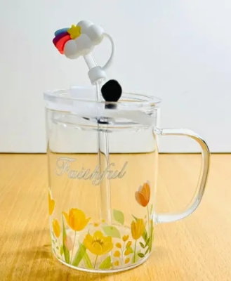 Picture of 1 Floral Design Premium Jar Mug- Elegant Glass Container for Storage, Preservation and Decor, Airtight Lid, Versatile and Stylish Jar, Milkshake, Coffee & Juice Jar with Straw Multicolor