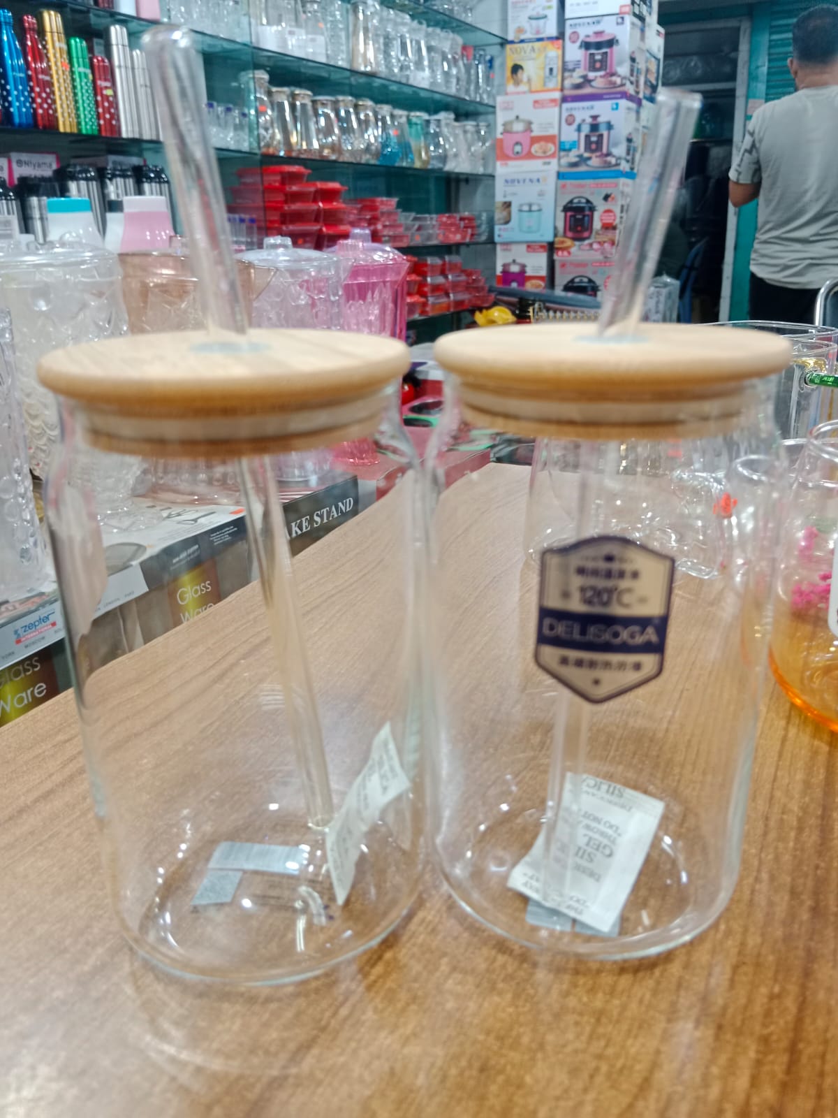 Picture of 1PC Plain Glass Can With Bamboo Lid & Sip 61-2 Multicolor