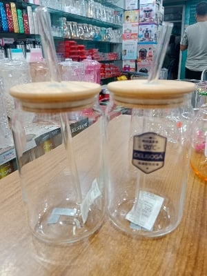 Picture of 1PC Plain Glass Can With Bamboo Lid & Sip 61-2 Multicolor