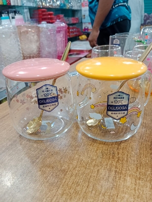 Picture of 1 Cute Fruity Printed Glass Mug With Lid & Spoon 27L-IT Multicolor