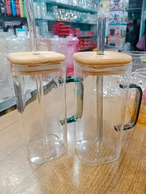 Picture of 1PC Plain Glass Jar With Bamboo Lid & Sip Multicolor
