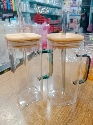 Picture of 1 Plain Glass Jar With Bamboo Lid and Sip Multicolor