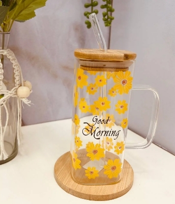 Picture of 1PC Glass Mug Flower Printed With Bamboo Lid & Sip 6363 Multicolor