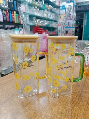 Picture of 1PC Glass Mug Flower Printed With Bamboo Lid & Sip 6363 Multicolor