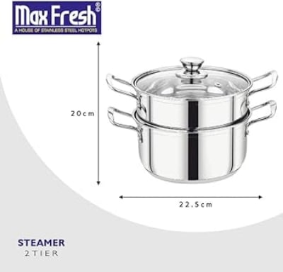 Picture of 20cm Maxfresh Stainless Steel Steamer/Modak/Momo Maker with See through Lid, (20cm x 2 tier) Silver