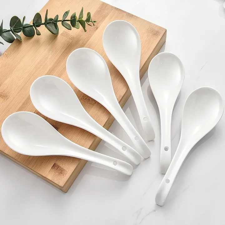 Picture of 6 pcs Plain White Ceramic Spoon (6 pcs) Kis Soup Spoon, Korean Chinese Rice Scoop Ice Cream Ladle, Porcelain Dinner Spoon - Minimalistic Sophistication White