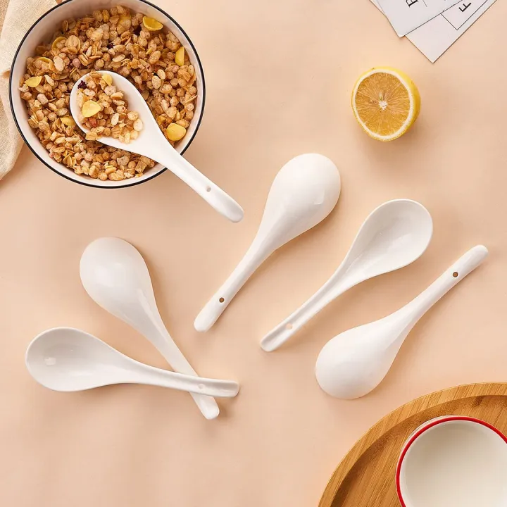 Picture of 6 pcs Plain White Ceramic Spoon (6 pcs) Kis Soup Spoon, Korean Chinese Rice Scoop Ice Cream Ladle, Porcelain Dinner Spoon - Minimalistic Sophistication White