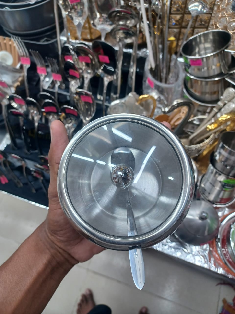 Picture of Stainless Steel Silver Apple Masala Box with glass lid Multicolor