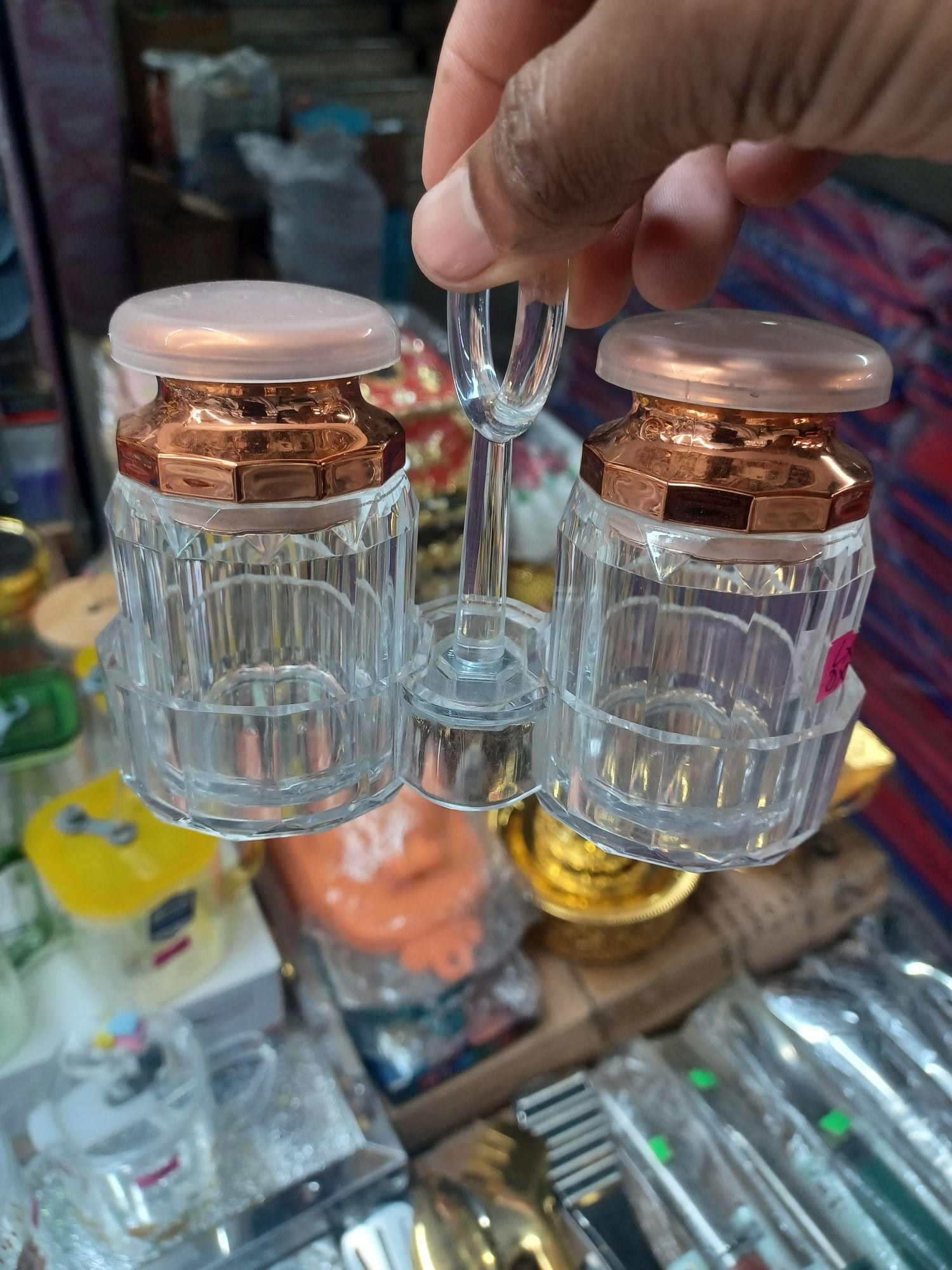 Picture of 1 Set Acrylic Salt and Pepper Shakers Set with Tray for Dining Table Used as Namak Dhani, Shaker, Sprinkler, Spices Dispenser for Home, Kitchen and Restaurant Multicolor
