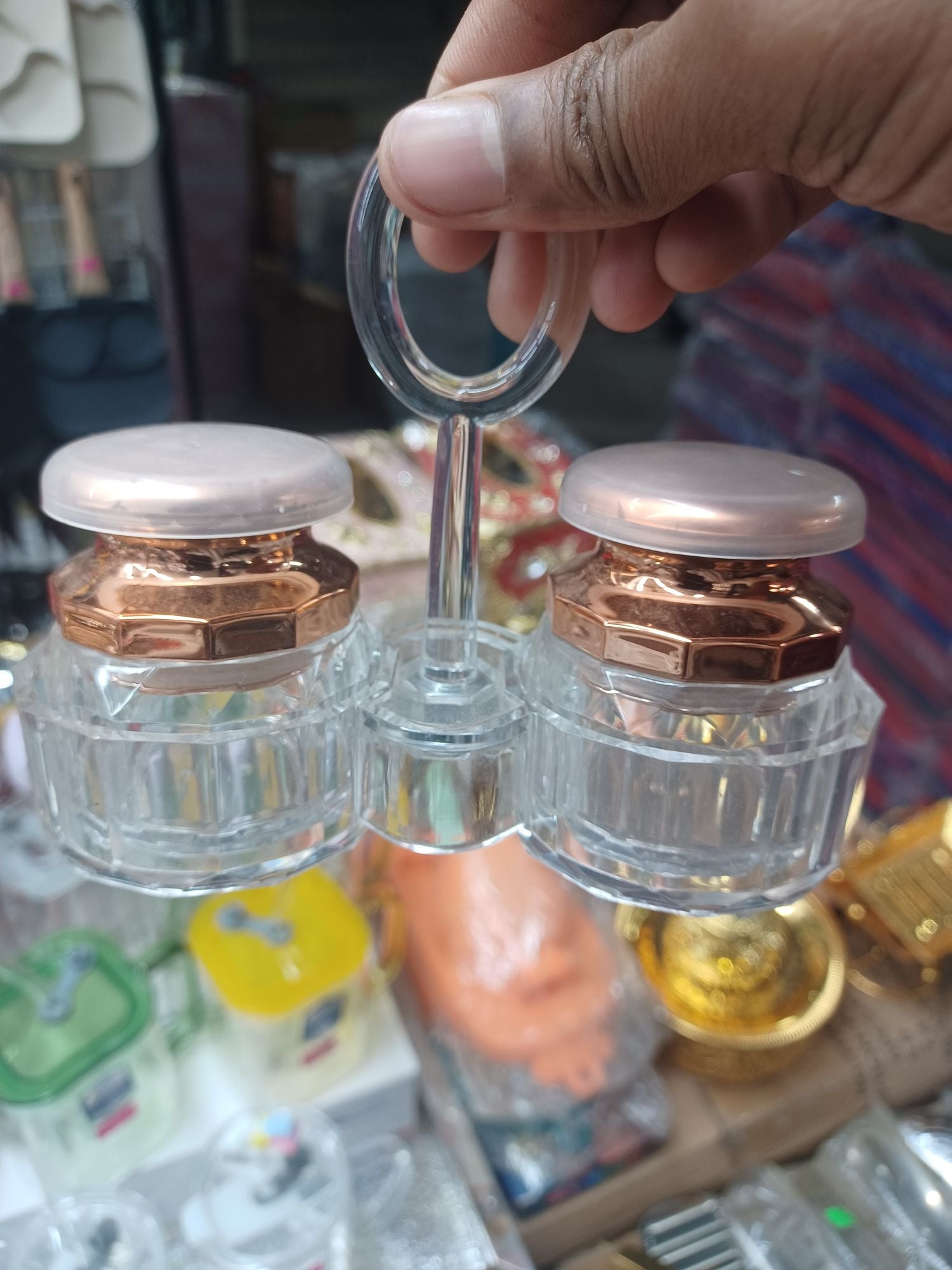 Picture of 1 Set Acrylic Salt and Pepper Shakers Set with Tray for Dining Table Used as Namak Dhani, Shaker, Sprinkler, Spices Dispenser for Home, Kitchen and Restaurant Multicolor