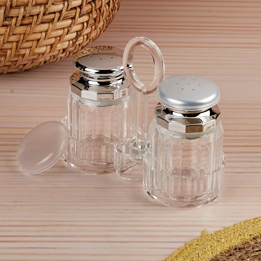 Picture of 1 Set Acrylic Salt and Pepper Shakers Set with Tray for Dining Table Used as Namak Dhani, Shaker, Sprinkler, Spices Dispenser for Home, Kitchen and Restaurant Multicolor