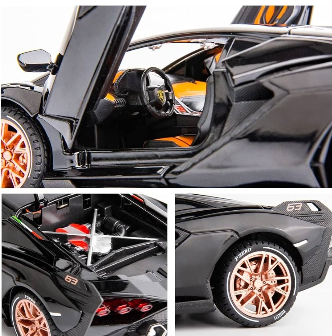 Picture of 1PC WAKAKAC Alloy Diecast Model Car Compatible for 1/24 Scale Lamborghini Sian FKP37 Collectible Toy Vehicle Pull Back with Light and Sound Toy Car for Boys Adults Girl Gift(Black) Multicolor