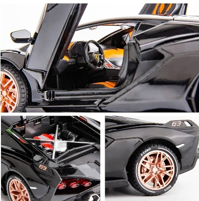 Picture of 1PC WAKAKAC Alloy Diecast Model Car Compatible for 1/24 Scale Lamborghini Sian FKP37 Collectible Toy Vehicle Pull Back with Light and Sound Toy Car for Boys Adults Girl Gift(Black) Multicolor