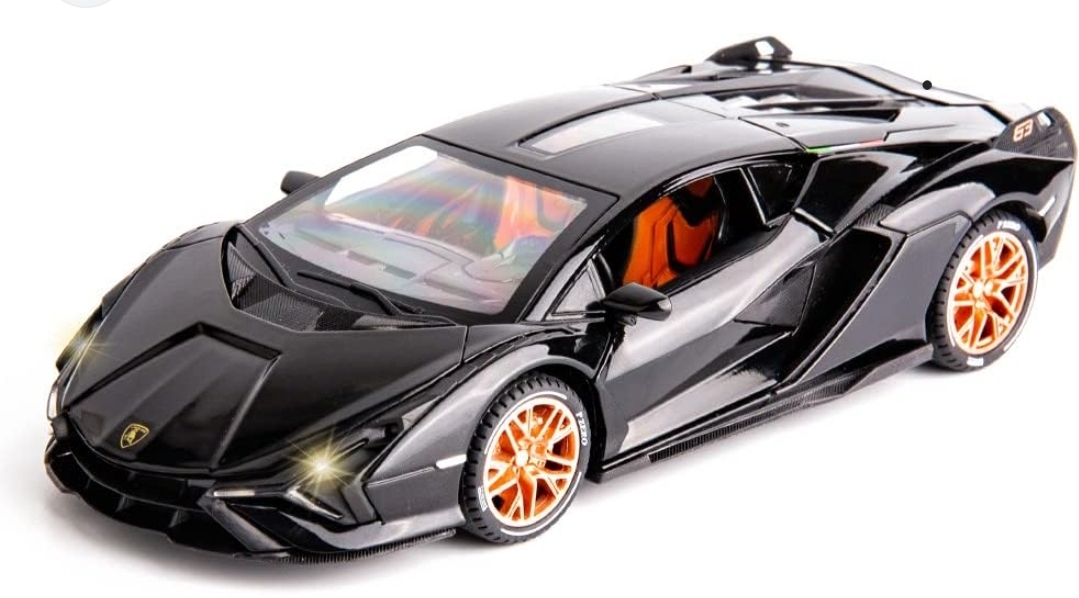 Picture of 1 PC WAKAKAC Alloy Diecast Model Car Compatible for 1/24 Scale Lamborghini Sian FKP37 Collectible Toy Vehicle Pull Back with Light and Sound Toy Car for Boys Adults Girl Gift(Black) Multicolor