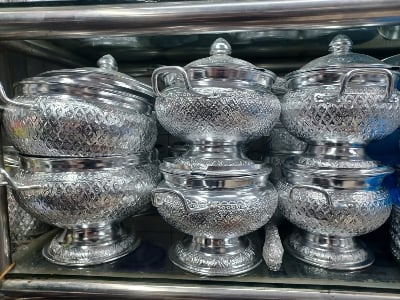 Picture of 1PC Rice Bowl & Ladle Spoon Thai Pattern Rice Container Aluminum Curry Serving 320 Silver320