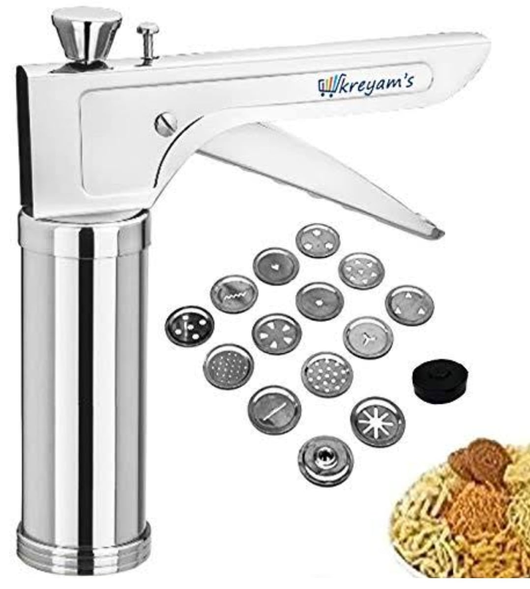 Picture of Stainless Steel Kitchen Press 15 Different Disc Grater Biscuit Cookies Indian Snacks Murukku Maker Farsan Sev Maker with Stainless Steel 15 Jalis Multicolor