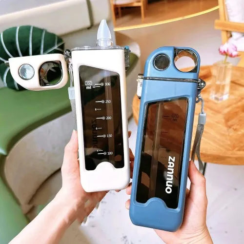 Picture of 1PC New minimalist 350ml rectangular water bottle with time scale flat water bottle with straw Multicolor