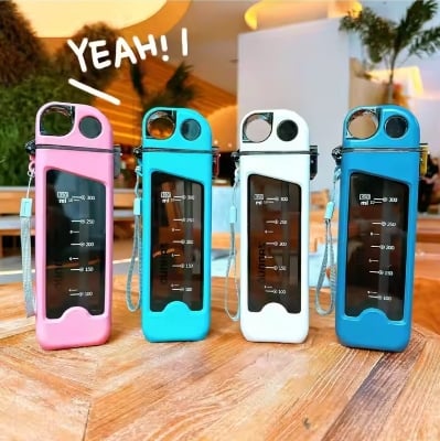 Picture of 1PC New minimalist 350ml rectangular water bottle with time scale flat water bottle with straw Multicolor