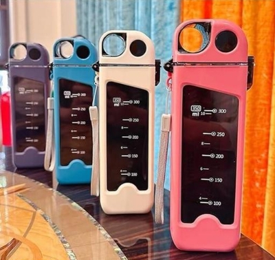 Picture of 1 PC New minimalist 350ml rectangular water bottle with time scale flat water bottle with straw Multicolor
