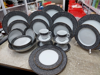 Picture of 32 pieces dinner set for gift and home decoration- 6 Dinner Plates, 6 Half Plates, 1 Rice Dish, 1 Curry serving bowl, 6 Soup Bowl, 6+6 coffee cup + saucer Multicolor