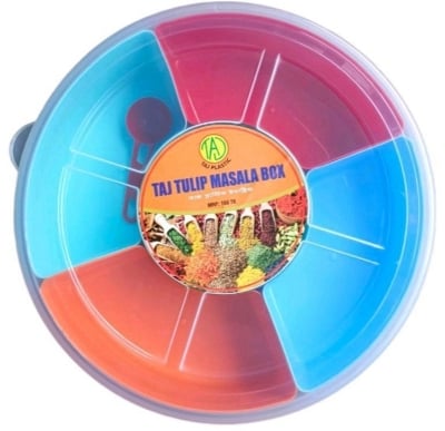 Picture of 1 PC Round Spice Box with Spoon, Kitchen Spice Box, Moshla box set plastic, Masala Box, Spices box Multicolor