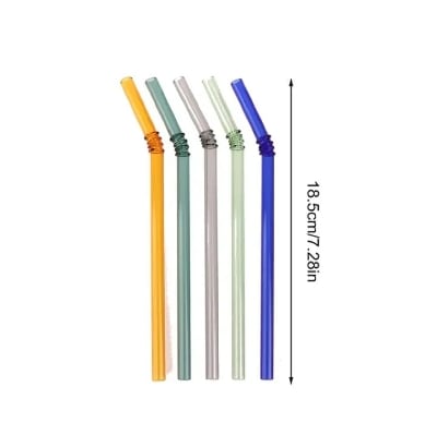 Picture of 6 PCS Glass Straws with Design | Colorful Shatter Resistant Bend , 8.2'' X 8mm with Cleaning Brush Multicolor