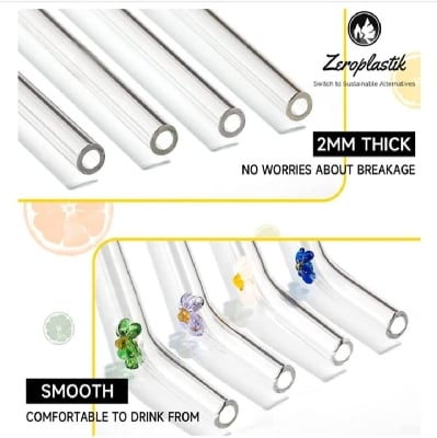 Picture of 6 PCS Glass Straws with Design | Colorful Shatter Resistant Bend , 8.2'' X 8mm with Cleaning Brush Multicolor