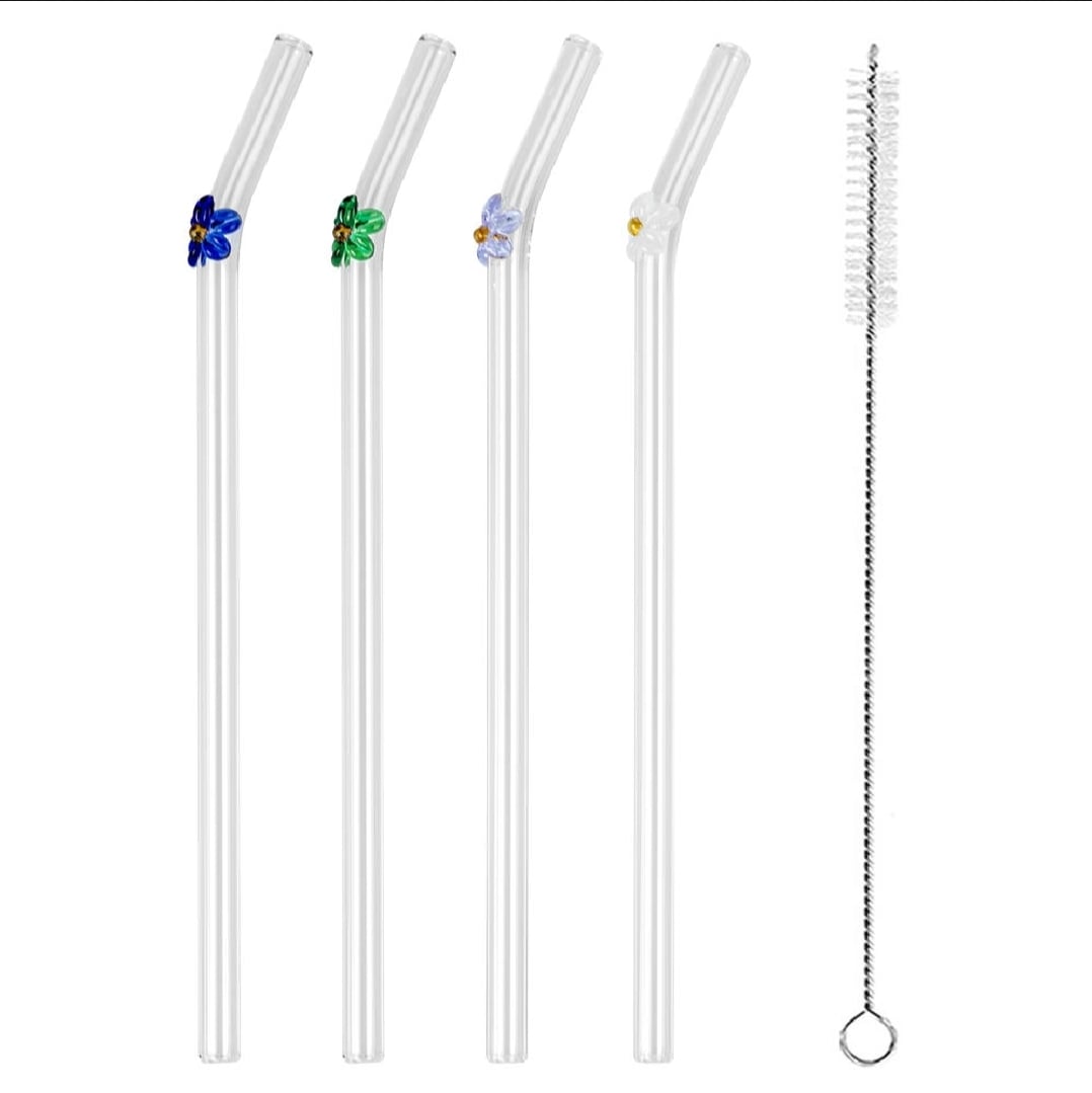 Picture of 6 PCS Glass Straws with Design | Colorful Shatter Resistant Bend , 8.2'' X 8mm with Cleaning Brush Multicolor