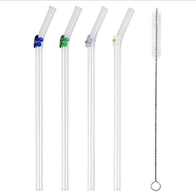 Picture of 6 PCS Glass Straws with Design | Colorful Shatter Resistant Bend , 8.2'' X 8mm with Cleaning Brush Multicolor