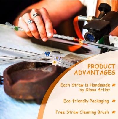 Picture of 6 PCS Glass Straws with Design | Colorful Shatter Resistant Bend , 8.2'' X 8mm with Cleaning Brush Multicolor