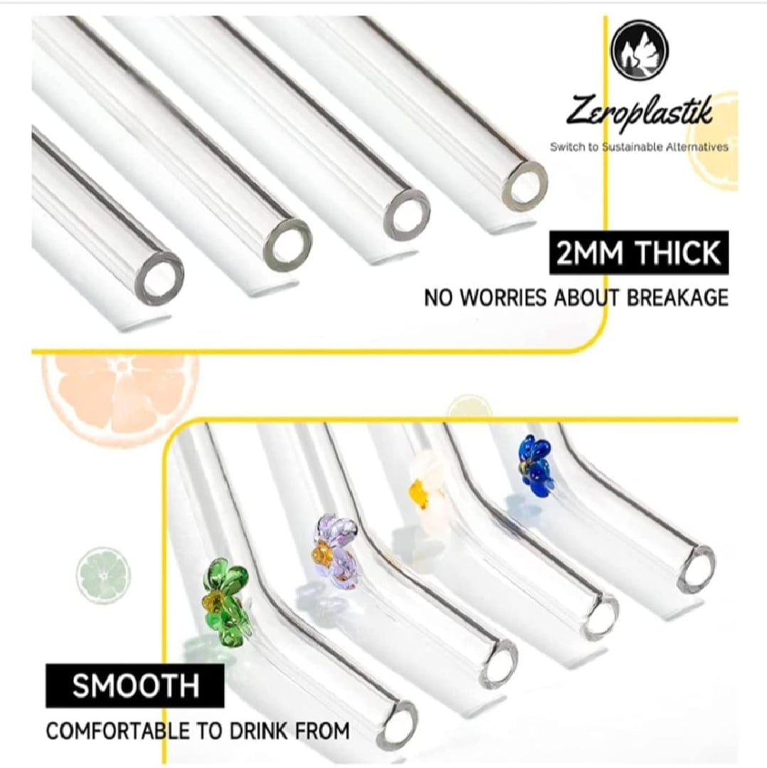 Picture of 6 Pieces Glass Straws with Design | Colorful Shatter Resistant Bend , 8.2'' X 8mm with Cleaning Brush Multicolor