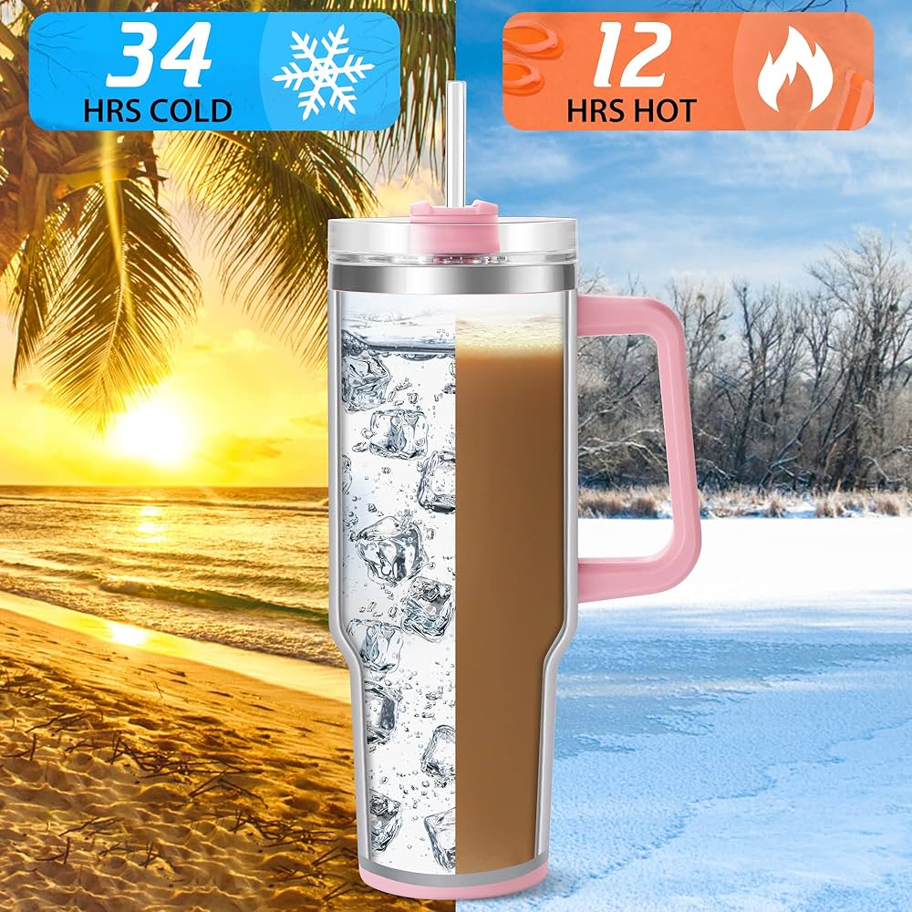 Picture of Trendy 40 oz Insulated Tumbler with Handle and Straw for Daily Life Travel Iced Coffee Cup Reusable Stainless Steel Insulated Water Bottle 1183ml 