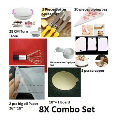 Picture of 8X Combo Of Baking Item Turn Table+3 Butter spread Set+10 Piping+Hand Bitter+Measurement Cup of  9 pieces+3 Scrapper+2 pieces oil Paper+1 Pieces 10" Board -Multicolor