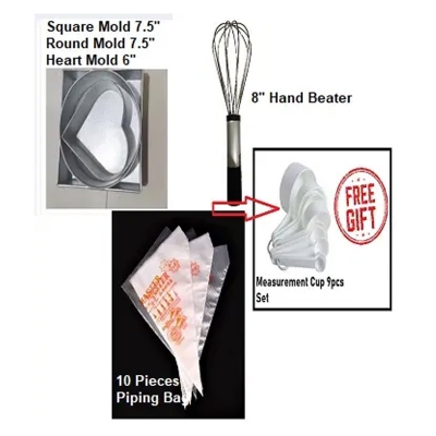 Picture of Aluminium Square/ Heart/ Round Shape Cake Mold/ Pudding Mold Full Set + Hand Beater + 10  Pieces Piping Bag -Multicolor