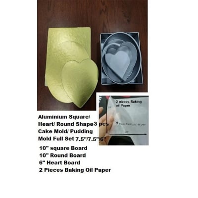 Picture of Combo Of 3 Pieces Aluminium Square/Heart/Round Shape Cake Mold Full Set 3 Pieces Cake Board & 2 pcs oil Paper -Multicolor