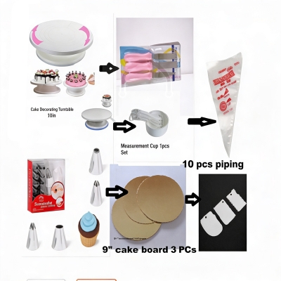 Picture of 7 A Combo Set Cake Decoration Turntable , 12 Pieces Steel Nozzle Set , 3 pieces planner , Measuring Spoon Set , 3 pieces Plastic Cream Scraper ,10 Pieces Pipping Bags & 3 pieces cake Board -Multicolor