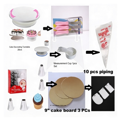 Picture of 7A OF Cake + Combo Set Cake Decoration Turntable , 12 Pieces Steel Nozzle Set , 3 pieces planner , Measuring Spoon Set , 3 pieces Plastic Cream Scraper ,10 Pieces Pipping Bags & 3 pieces cake Board -Multicolor