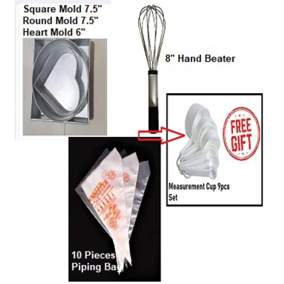 Picture of Aluminium Square/ Heart/ Round Shape Cake Mold/ Pudding Mold Full Set + Hand Beater + 10  Pieces Piping Bag -Multicolor