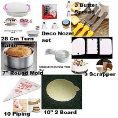 Picture of 8 A Combo Turn Table Full , 12 Deco Nozel , 3 Butter spread , 7" Round Mold , White M Cup set , 3 Scrapper , 10 piping Bag , 10" Cake Board 2 Pcs -Multicolor