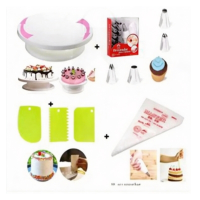 Picture of Cake Decorating Turntable - 28 cm +12 pieces Cake decoration Nozzle set + 10 Piping Bags + 3 pcs scrapper combo pack of 4 items -Multicolor