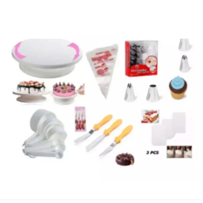 Picture of Cake Decoration Turntable & 12 Pieces Of Stainless Steel Nozzle Set & 3 pieces of stainless steel butter nife or cake planner & Measuring Spoon Cup Set & 3 pieces Plastic Cream Scraper & 10 Pieces Pipping Bags (6 products) -Multicolor