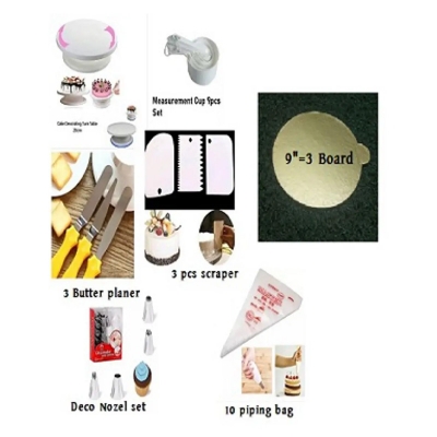 Picture of 7A Cake Combo Turntable 28 CM , 12 Pcs Steel Nozzle Set , 3 Pcs planner , Measuring Spoon Set , 3 Pcs Cream Scraper ,10 Pcs Pipping Bag & 3 Pcs cake Board -Multicolor