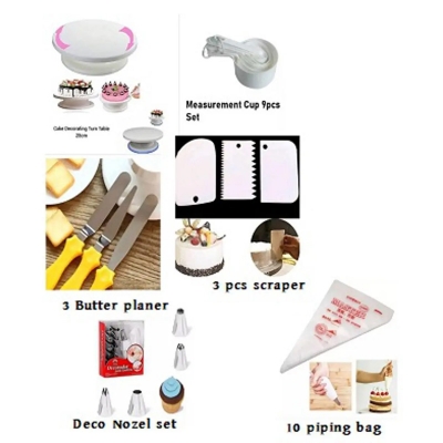 Picture of 6C Cake Combo Turntable 28 CM & 12 Pcs Nozzle Set & 3 Pcs Butter Planer & Measuring Spoon Cup Set & 3 Pcs Cream Scraper & 10 Pcs Pipping Bags -Multicolor