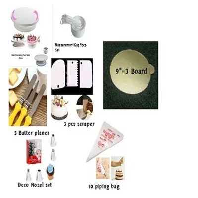 Picture of 7A Cake Combo Cake Decoration Turntable , 12 Pieces Nozzle Set , 3 pieces planner , Measuring Spoon Set , 3 pieces Plastic Cream Scraper ,10 Pieces Pipping Bag & 3 pieces cake Board -Multicolor