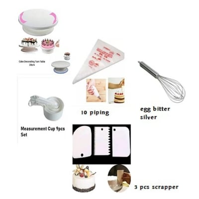 Picture of 5X Cake Combo Turn Table 28 Inches + Egg Bitter + 3 Pcs Plastic Scrapper + Measurement Cup Set + 10 Pieces Piping Bag - Cake Decoration Tools -Multicolor